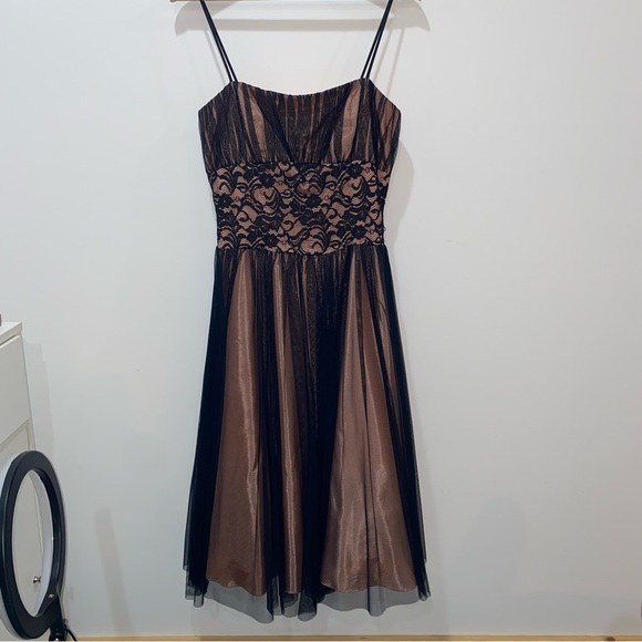 Betsy & Adam Black/Pink Midi Dress, Sheer black lace over pink satin, Size 8 - Picture 8 of 10